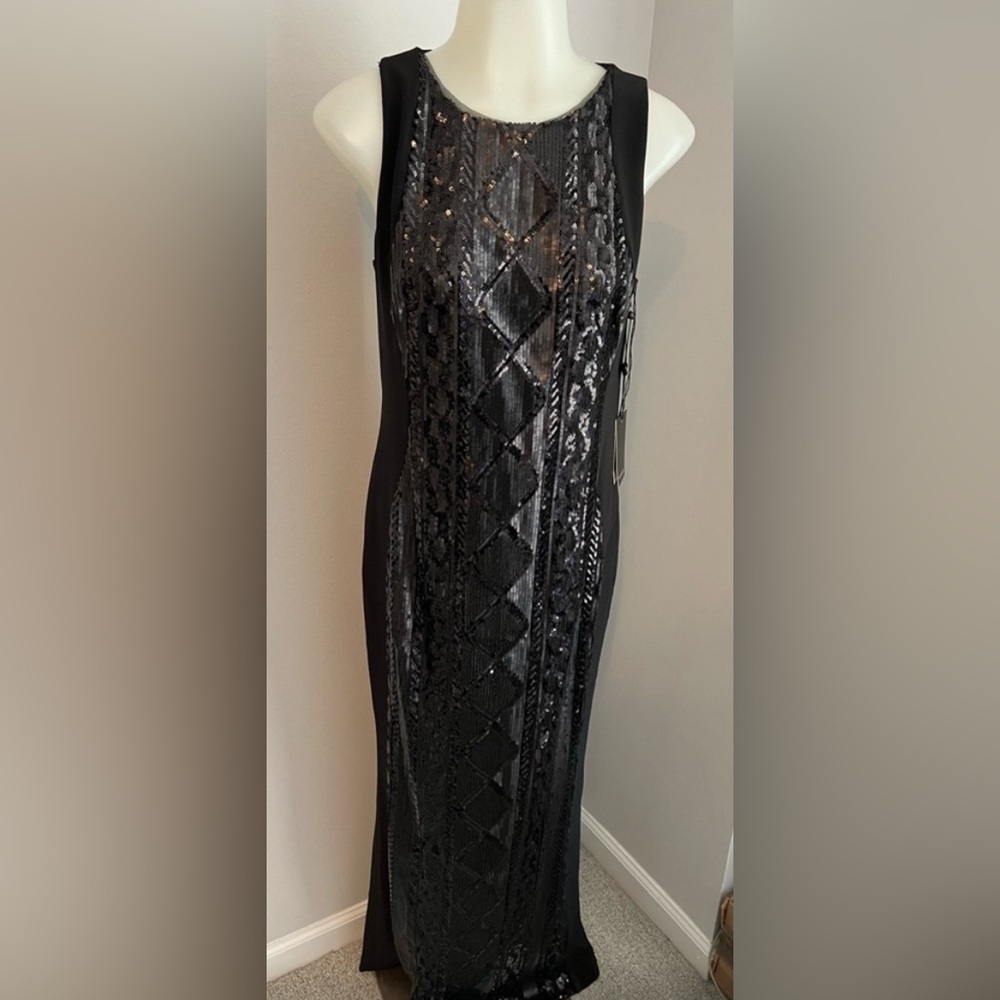 Adrianna Papell Black and Silver Sequin Maxi Dress